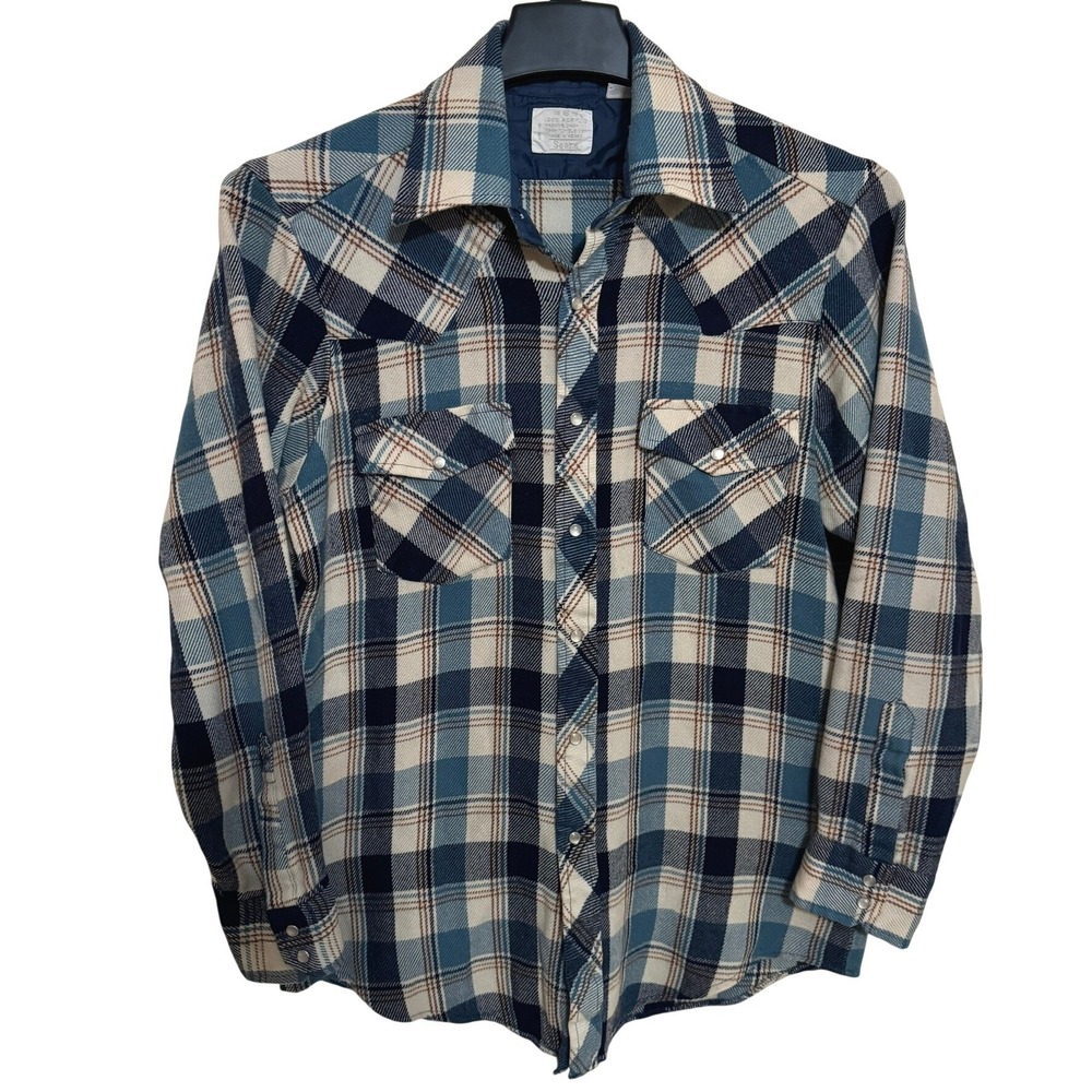 VTG Sears Western Flannel Shirt Men's Medium Blue Plaid Pearl Snap 70s Acrylic